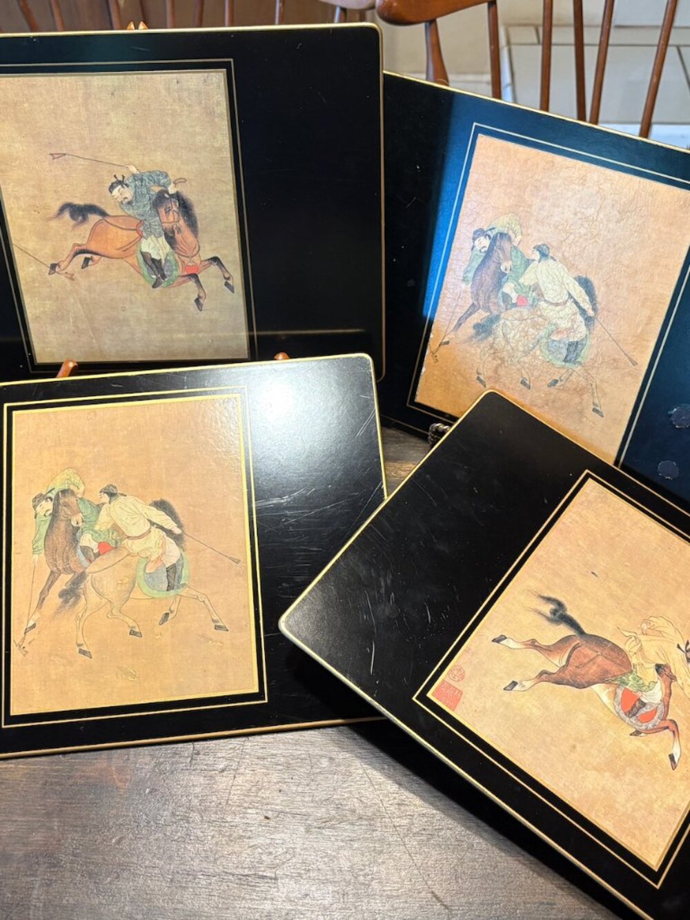 Rare Vintage Lady Clare Great Britain Black Lacquer Placemats Ming Polo Set